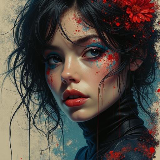 Illustration showing a young woman in a captivating stance. Dark and horror atmosphere. Highly detailed full-length portrait. Blends muscle realism with dark mystery. Inspired by famous artists and styles. Face emits iridescent colors. Luminescent scales resemble molecular structures.