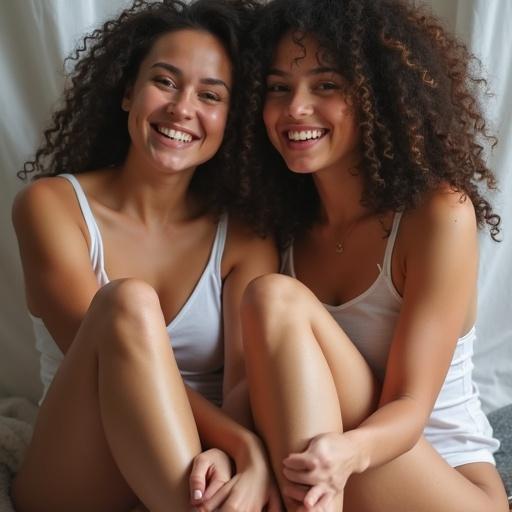 Two girls with curly hair smiling at each other. They are sitting closely, grabbing each other's ankles. Soft lighting highlighting their faces. Comfortable, casual attire.