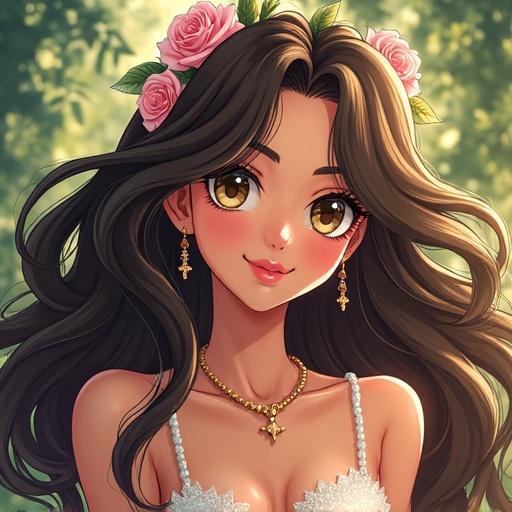 An anime-style illustration of a woman with long hair adorned with flowers. She has big expressive eyes and wears elegant jewelry. The background has a magical or dreamy quality.