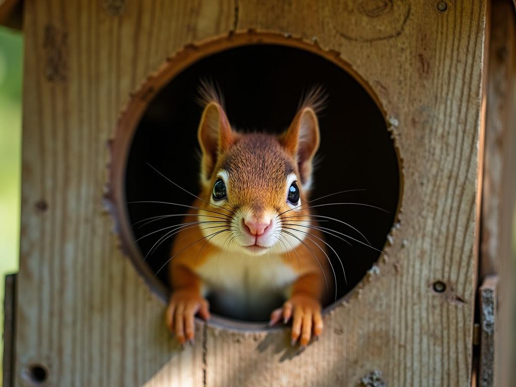 A baby American Red Squirrel, known scientifically as Tamiasciurus hudsonicus, cautiously peeks out of a hole in a wooden nesting box. The squirrel's fur is a soft reddish-brown with a creamsicle underbelly. Its large, curious eyes glisten with curiosity, observing the outside world. The wooden box has a rough texture, revealing its age and wear, and sunlight filters through the surrounding trees, casting soft shadows. The scene is tranquil, capturing a moment of innocence and exploration in nature.