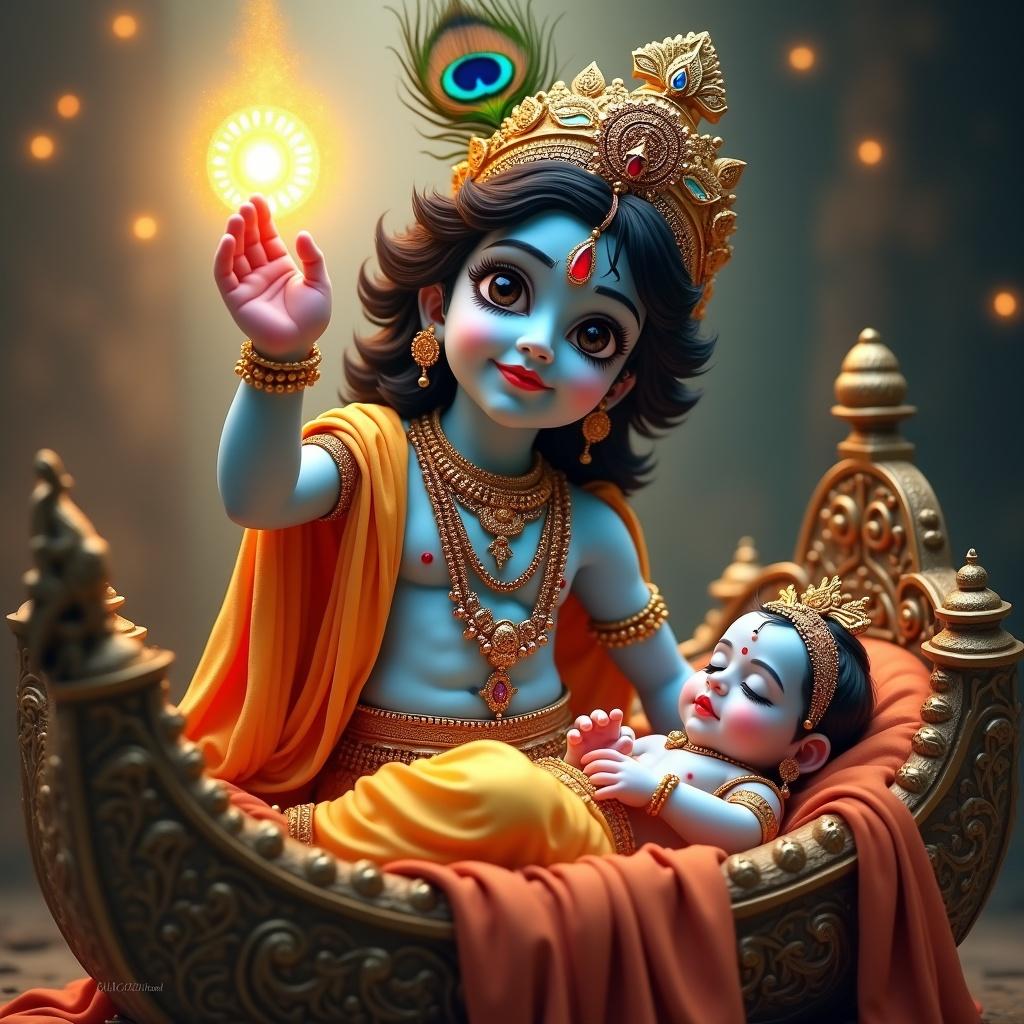 Divine depiction of Lord Krishna holding the Sudarshan Chakra. Youthful face has large expressive eyes. Wears a peacock-feather crown and intricate jewelry. Baby resting in an ornate cradle beside him. Soft glowing light spreads throughout the scene.