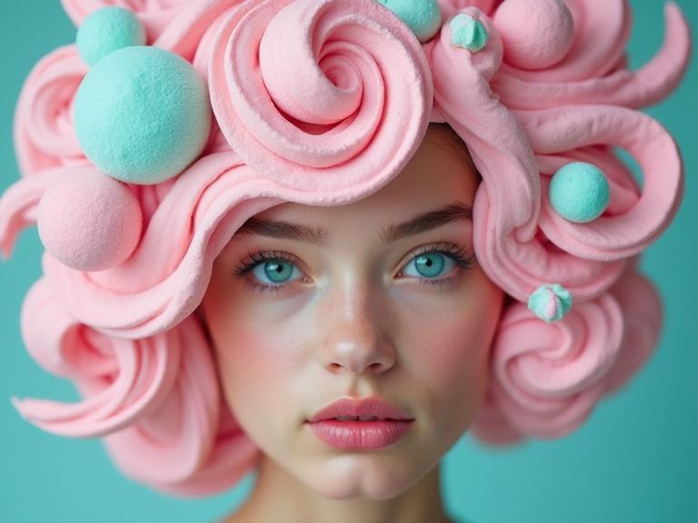 A young woman with turquoise eyes and soft pink lips has a hint of wonder. Her hair is a whimsical confection of pink and teal marshmallow shapes with candy spheres around her head. The image captures surrealism and playful pop aesthetics. Soft lighting creates a dreamy atmosphere with a bokeh effect in the background. The composition follows the rule of thirds focusing on her expressive eyes and swirling hair elements. Post-processed with vibrant colors and polished finish.