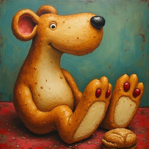 A cute cartoon bear sitting happily with its paws raised. The bear has a friendly smile and represents joy. The background is a soft blue, enhancing the bear's warm colors. Cookies are nearby the bear.