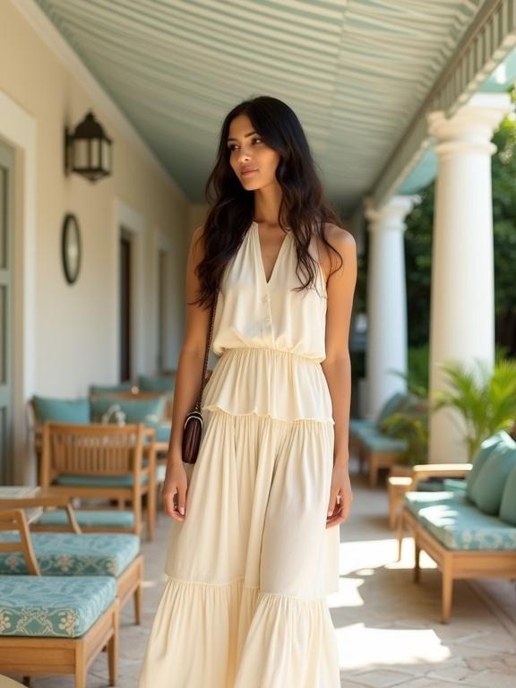 A young woman stands outdoors in a cream-colored maxi dress. The setting features a luxurious patio with wooden furniture and patterned cushions. The dress has a halter neck design and a flowing skirt. Light, airy colors create a relaxing ambiance. Natural light enhances the inviting scene.