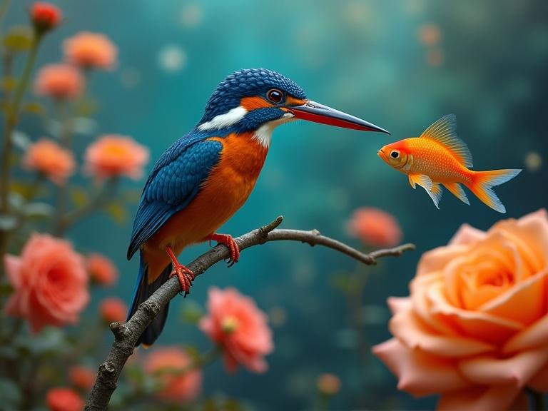 Photo of a kingfisher bird with vivid blue and orange colors in a rose garden featuring a goldfish.