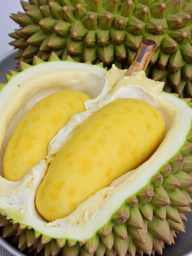 Close-up of a durian fruit revealing yellow inner flesh. Durian spines are visible in the background. The inner fruit is creamy and smooth and set against green spines.