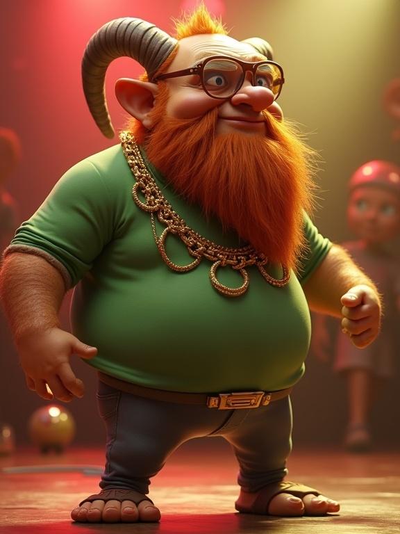 3D rendered figure of a chubby satyr with a long ginger beard. Wears a green shirt and gold chains. Has wire-rimmed glasses with tinted lenses. Appears to dance joyfully in a disco environment from the 1970s with reflective surfaces.