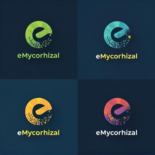 Display four flat-style logo designs for eMycorrhizal in a 2x2 grid. Each logo uses a leaf icon with 'e' cut out, left of 'Mycorrhizal'. The 'e' is leaf green; 'Mycorrhizal' is energy blue. Extend thin root lines from 'y' and 'i' with glowing dots. Flat color accents in yellow, orange, purple, teal. Clean edges, no gradients.