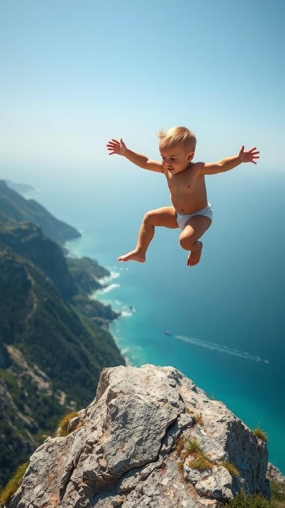 A digitally manipulated image depicting a baby joyfully leaping from a cliff edge with a serene ocean and mountainous landscape in the background. The child, wearing only a diaper, appears carefree and embodies a sense of adventure and whimsy. The scene is surreal, with bright sunlight highlighting the baby's features against the blue sky and ocean.