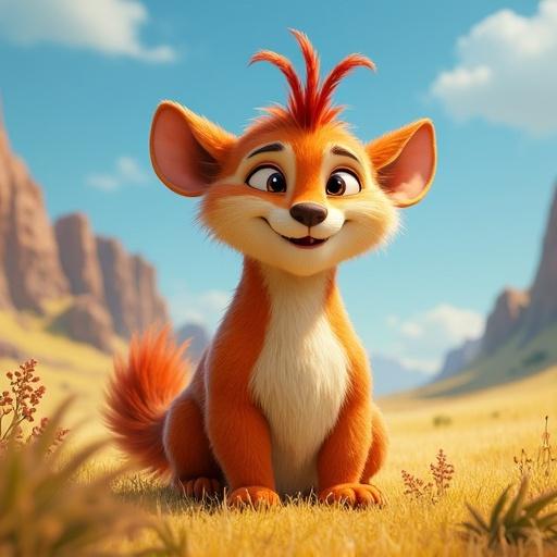 Character design for an animated film aimed at kids aged 5 to 10. Features a whimsical anthropomorphic animal character, bright color scheme, friendly demeanor, engaging with nature.