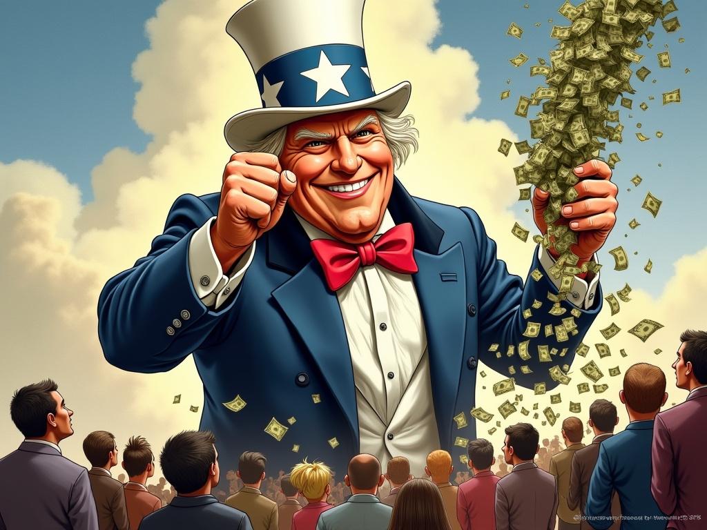 Cartoon representation of a giant Uncle Sam figure with a smiling Donald Trump face. Uncle Sam shakes upside down poor people while collecting money in his left hand. Bright colors and a humorous atmosphere expected.