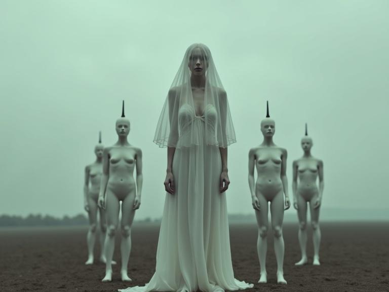 Create a surreal scene in an open field with a woman in a white gown surrounded by mannequins. The mood is haunting and atmospheric with an overcast sky and a sense of isolation.