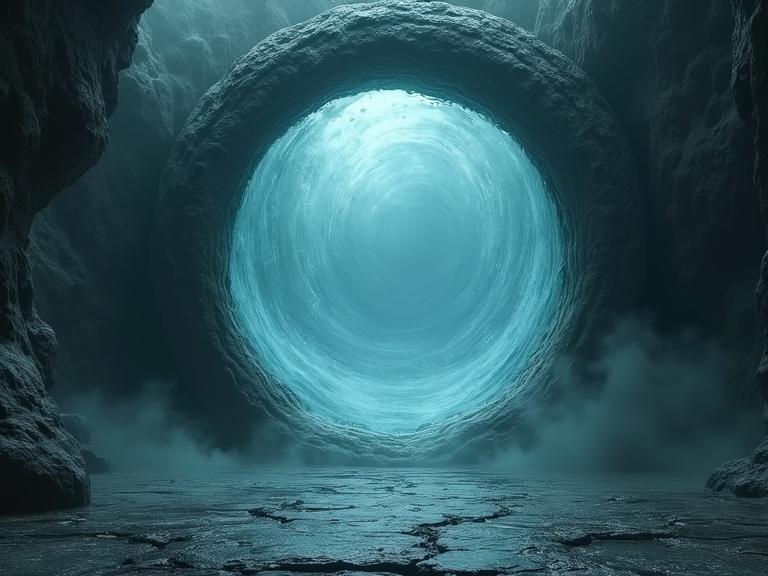 Hyper realistic interdimensional portal located in a barren room. Oval shape. Maelstrom outer ring with translucent swirling water inside. Solid rough stone slab floor. Thick swirling magical mist in the background. Chiaroscuro lighting. Eye-level wide shot.