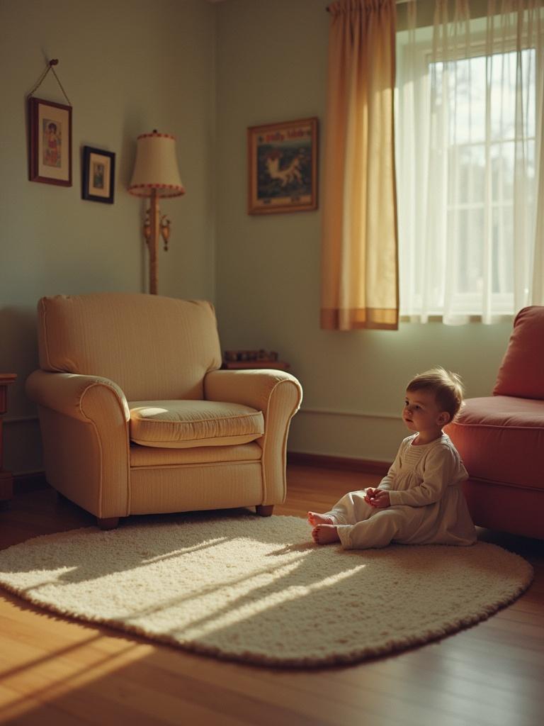 Scene depicts a 1970s British living room with a baby in a babygro relaxing on the floor. Room features a cozy armchair and bright window curtains. Natural light enhances the peaceful ambiance.