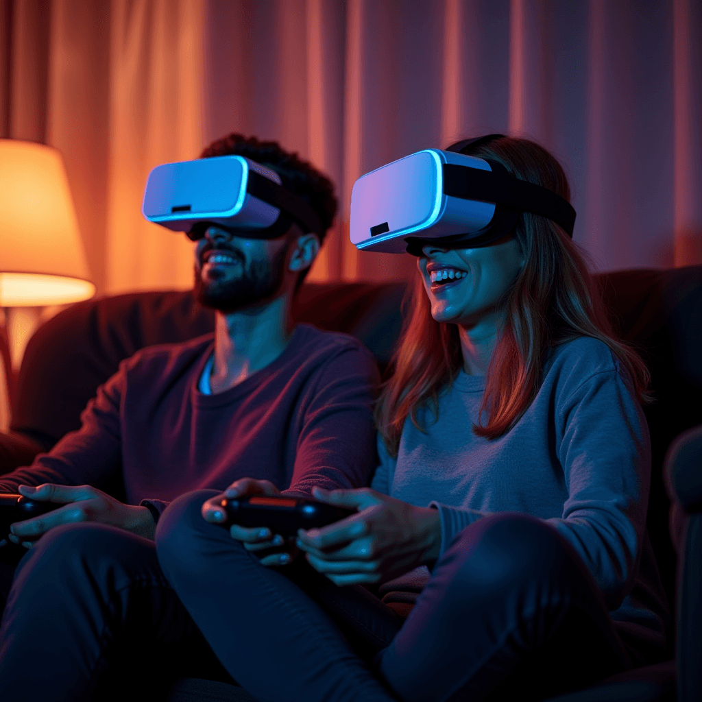 A couple immersed in virtual reality, wearing headsets and holding controllers while laughing.