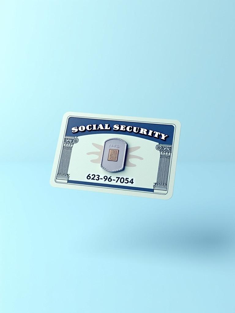 Depiction of generic social security card. Card shows text 'SOCIAL SECURITY'. Key numbers displayed include '623-96-7054'. A graphic chip is illustrated on the card. Decorative elements indicate official nature. Background is soft blue. Design looks professional and clean.