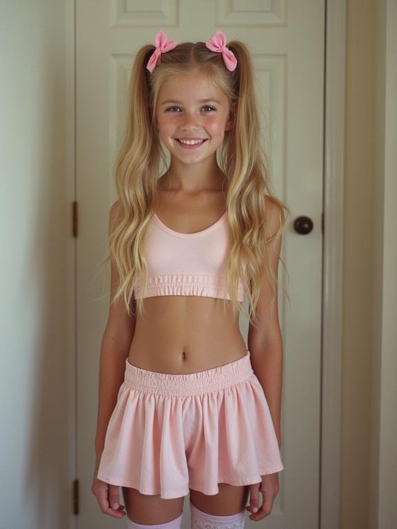 A young girl shows off a stylish outfit. She wears a pastel pink crop top and matching micro-skirt. Accessories include pink bows in twin tails. Thigh-high socks with lace detail complete her look. She poses simply in a neutral room. The overall style is youthful and playful.
