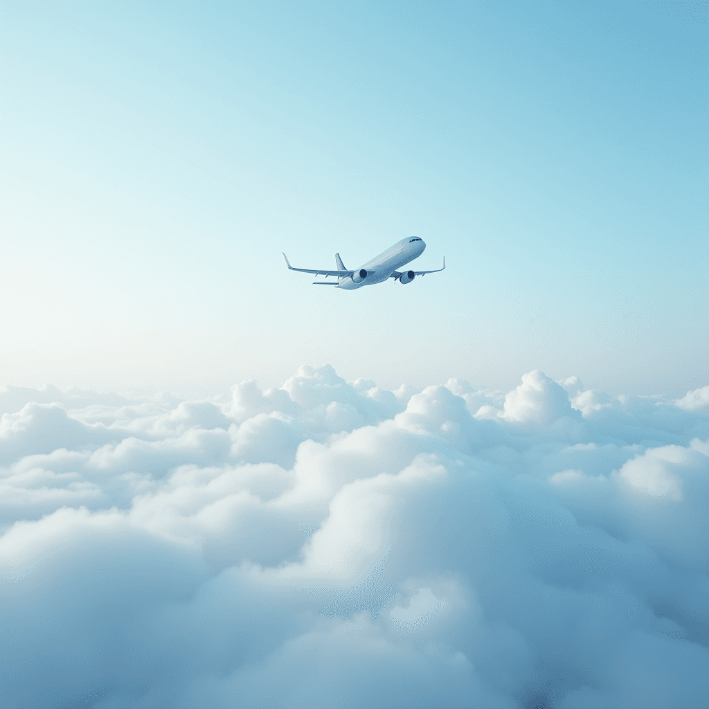 A passenger airplane soars above a vast sea of fluffy white clouds under a clear, blue sky during daylight.