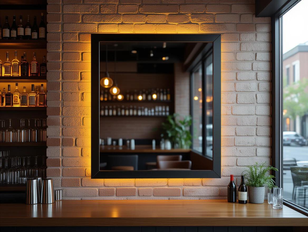 Dark rectangular flat mirror of 1x2 on a wall. Reflects bar ambiance. Side view of the scene. Night bar environment.