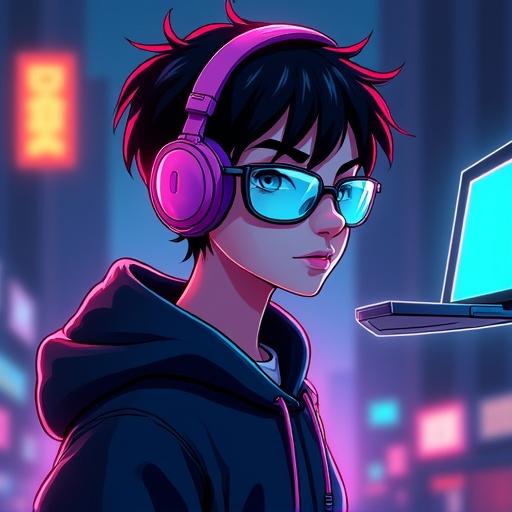 Digital artwork shows a side profile of a person with headphones. Character has futuristic style with neon colors. Background is blurry with atmospheric effects. Character has short messy hair and smirks. He wears big futuristic glasses and a dark hoodie with neon accents. Scene includes a floating laptop behind him. The vibe is confident and edgy.