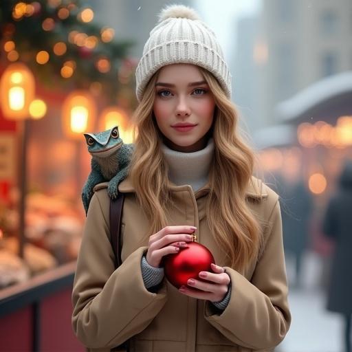 2D digital illustration of a young woman with dark blonde hair and a white winter hat. She holds a red Christmas ornament and has a chameleon on her arm. Background shows a Christmas market with lights. Scene appears cozy and joyful.