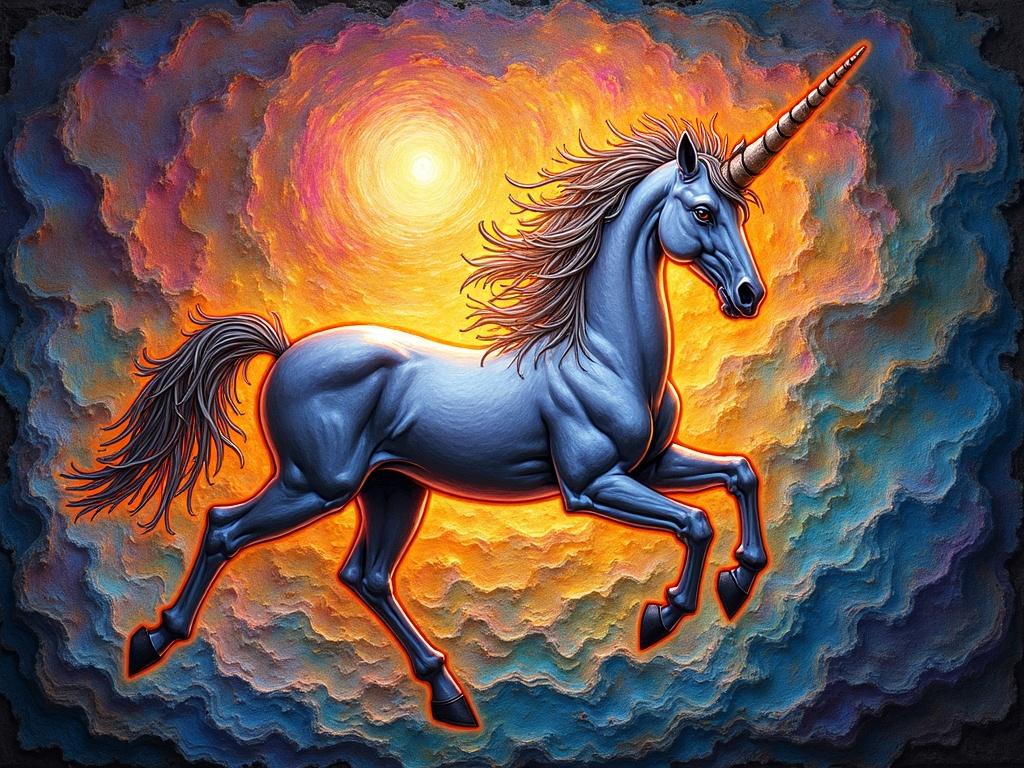 Majestic glowing unicorn running through vortexes of colorful light. The unicorn shows a semi-gilded appearance with an abstract tribal design. Background features swirling oil slicks and vibrant colors. The scene includes hypnotic distortions and shifting light patterns.