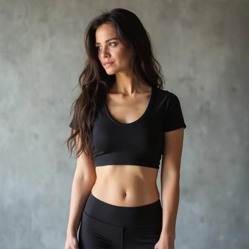 A young brunette woman stands confidently in a black crop top and athletic pants. She has a slim waist and a fit physique. The background is a neutral grey, enhancing the focus on her outfit.