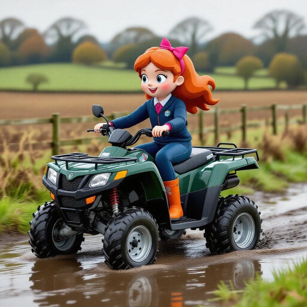 Human girl with red hair pink bow riding quad-bike along farm track. Drove through puddles wearing navy tracksuit and orange wellies.