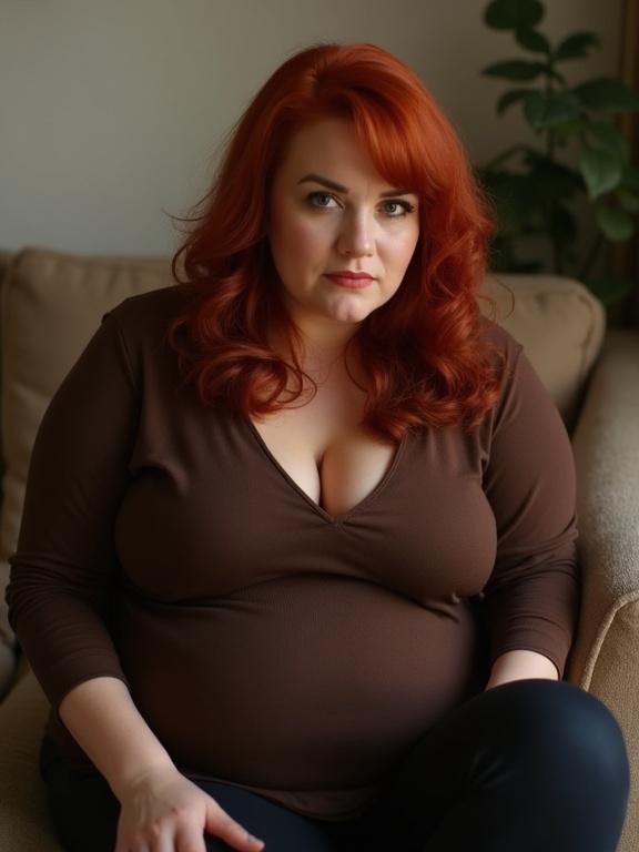 A woman with dark red hair wearing a brown top with long sleeves is sitting on a sofa. She has a chubby build and exudes a calm demeanor.