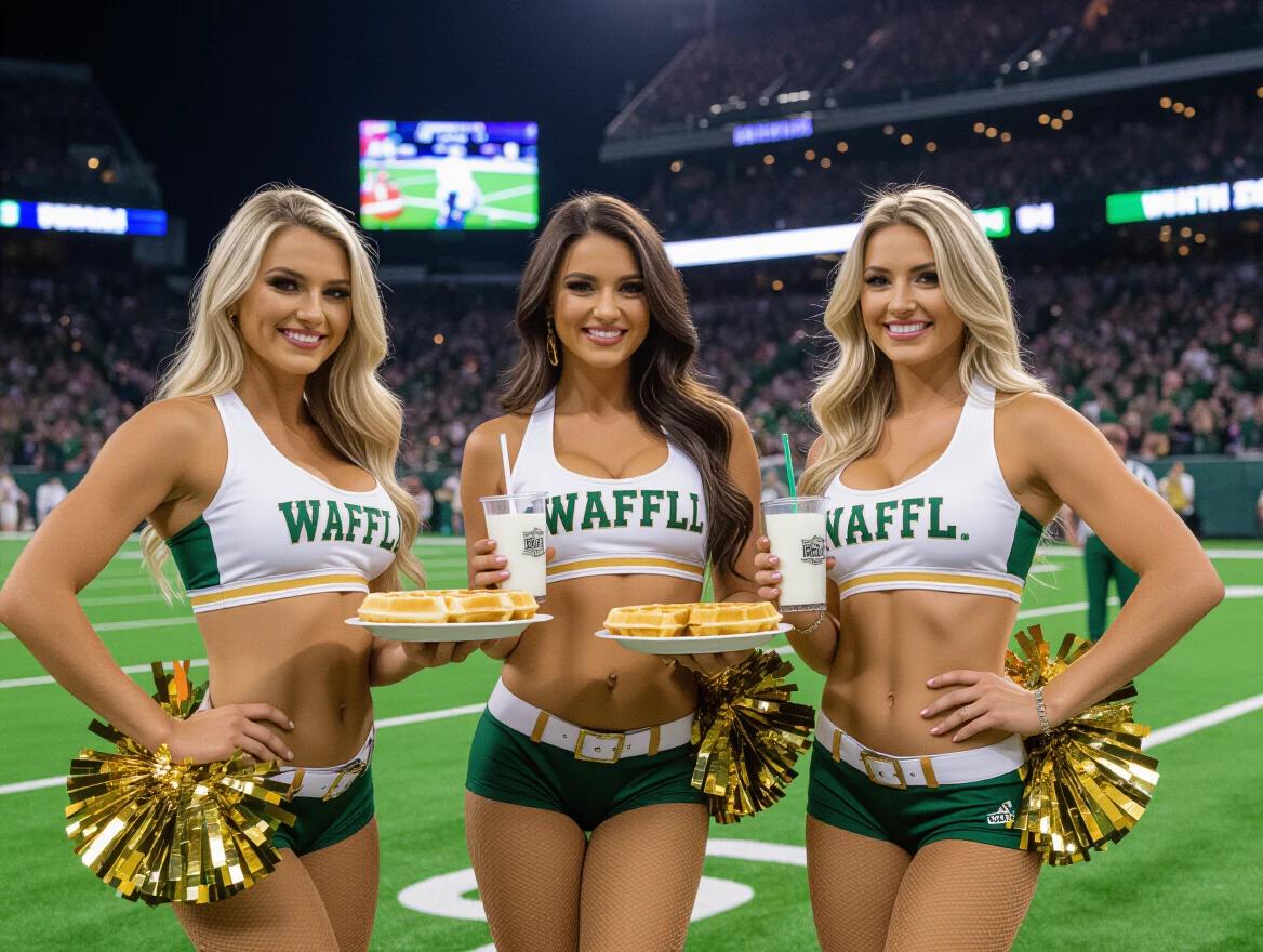 Cheerleaders serve waffles and milk at a football game. Bright lights shine on them. Fans are visible in the background. Their uniforms have green and gold colors.
