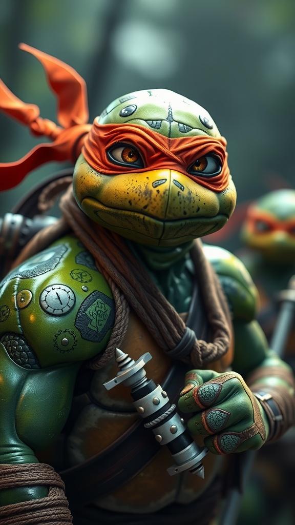 This image depicts a digitally rendered anthropomorphic turtle with an intricate design, featuring vivid orange bandanas and detailed armor markings. The turtle is portrayed with a confident stance and expressive eyes, holding a nunchaku. The lighting emphasizes the texture and detail in the character's skin and attire, blending realistic and comic art styles.