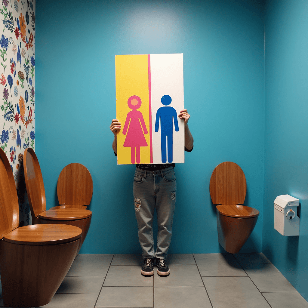 A person holds a restroom gender sign in a vibrantly colored bathroom with blue walls and wood-patterned seats.