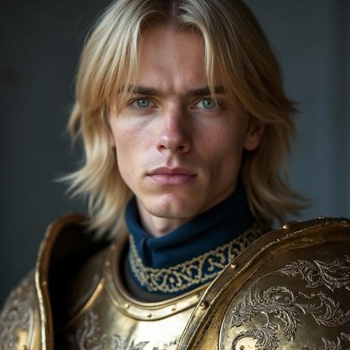 Portrait of a medieval knight. Young man with long blond bobbed hair and bangs. Impassive expression with piercing blue eyes. Handsome features and clean-shaven face. Intricate gold armor reflecting studio light. Dark blue shirt with golden embroidery. Grey studio background.