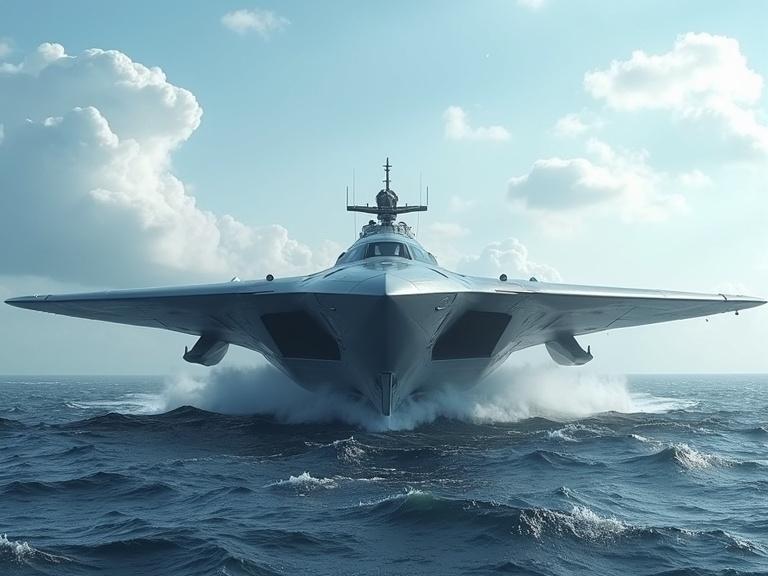 Cinematic image showcasing a huge light grey military hover jet gliding over the ocean. The jet features a V-wing shape with small windows, radar antennas, and small turret guns. Waves crash around it creating mist. Blue skies and white clouds provide a serene yet dynamic backdrop. Detailed textures and atmospheric fog enhance the visual drama.