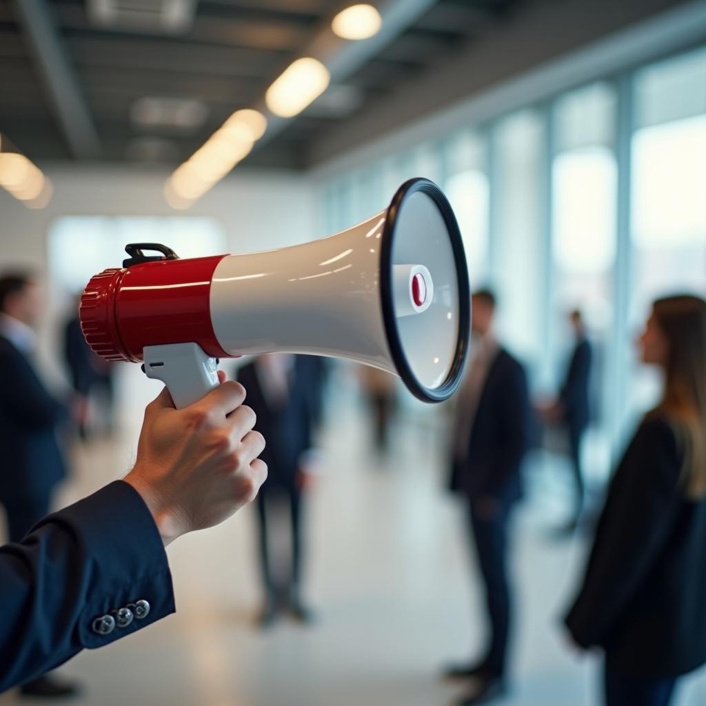 A professional hand holds a red megaphone in a modern office. Blurred people in the background engage in conversation. The setting is bright with natural light. The focus is on the megaphone and hand.