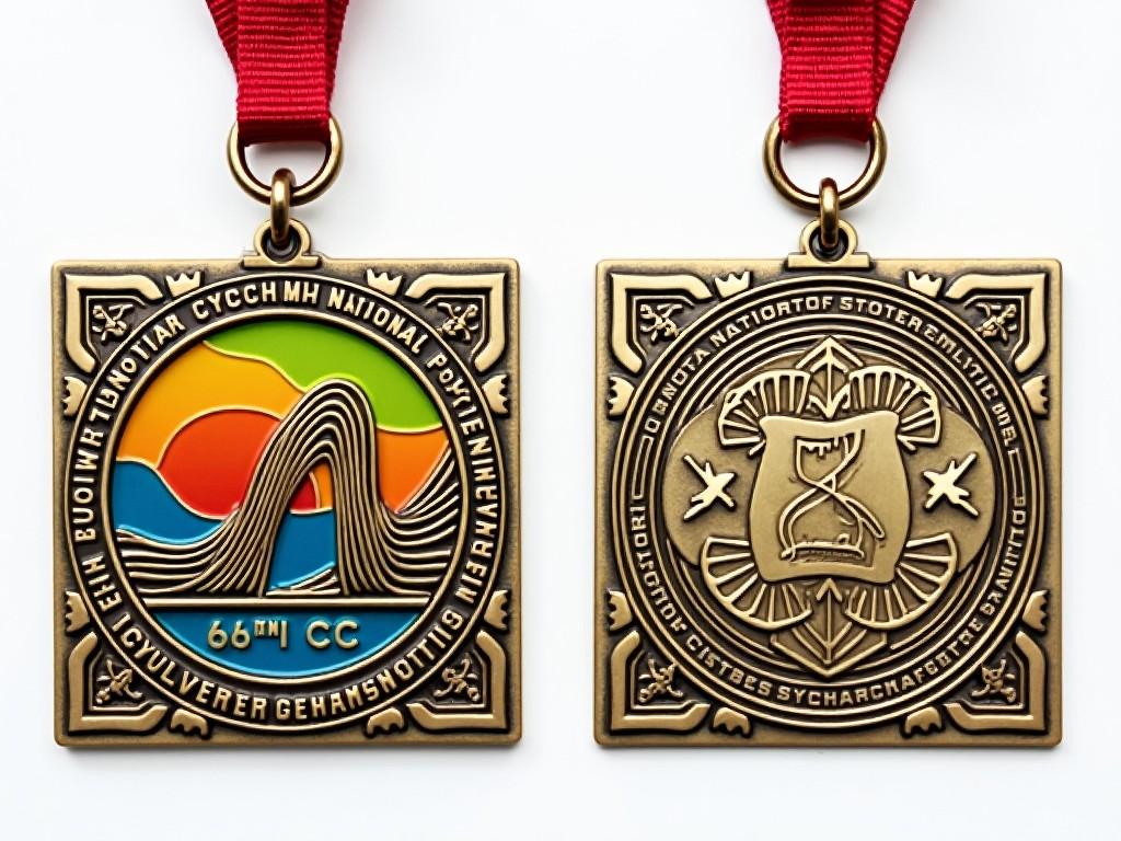 This image features a two-sided medal. One side displays a colorful design with stylized waves and the text '66th CC'. The other side has a traditional emblem surrounded by decorative elements. The medal is suspended from a red ribbon. It symbolizes achievement and recognition in a certain event. The design incorporates vibrant colors that make it visually appealing. The medal's craftsmanship highlights its significance and value. It represents milestones in sports or other achievements, making it a treasured item for recipients.