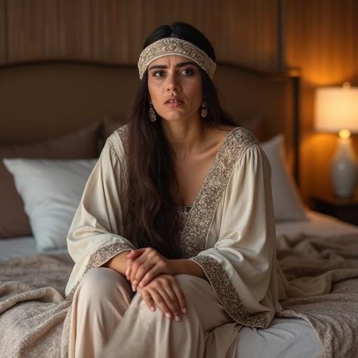 Pakistani lady displaying emotions sitting on a bed in an elegantly decorated bedroom. She wears shalwar qameez and a dupatta. Husband resting in bed behind her.