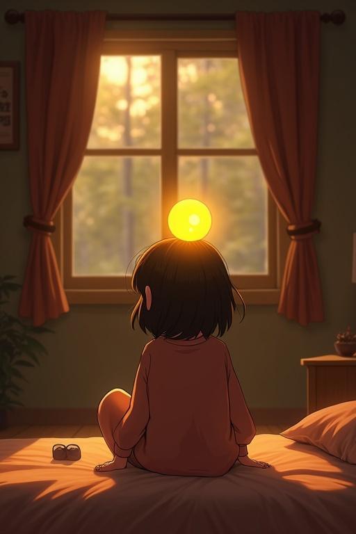 Animated girl sitting in cozy earthy bedroom Nightlights filtering through window Glowing yellow orb on head Creating nostalgia and comfort