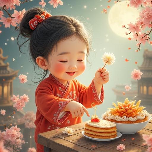A child in a soft green setting. Surrounded by pastel colors and a mysterious atmosphere. Various pastries displayed on a table. Background features decorative flowers and calligraphy. Evokes a sense of romance and fantasy. Captures the beauty of traditional culture. Presents a serene and enchanting scene.