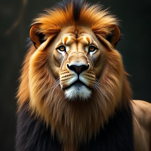 Majestic lion with a detailed face and vibrant mane, standing confidently in a lush environment