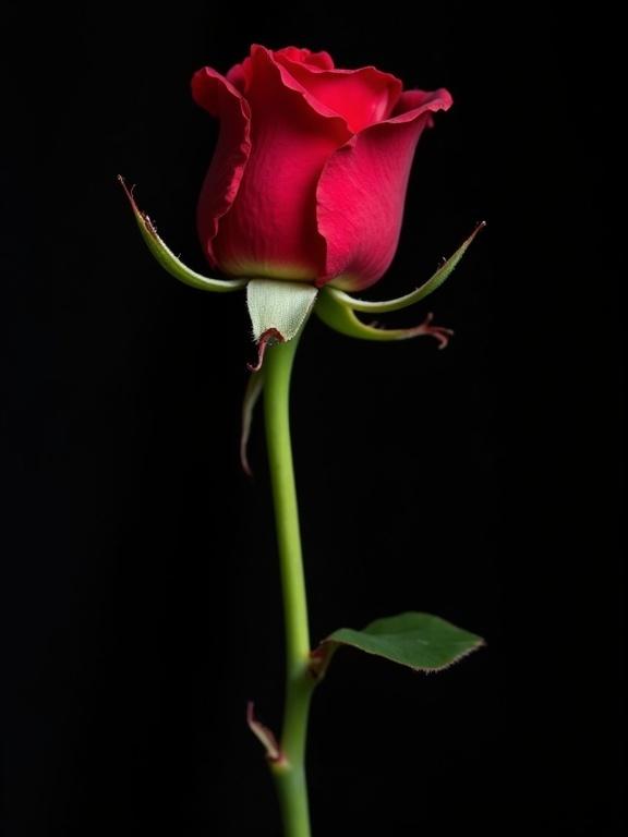 Photo showcases a vertical dark green stem and red rose with thorns against black background. Focus on petals and leaves.