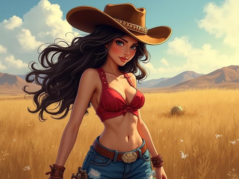 Charming cowgirl with long brunette hair and cowboy hat stands in a golden field. She wears a red top and denim shorts. Background features mountains and a clear blue sky. Artistic style combines anime and Monet.