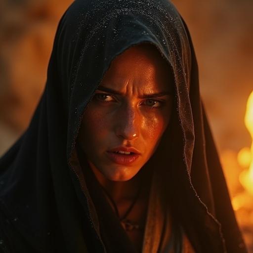 Close-up of a woman wearing a dark veil. Emotionally charged scene set in Jerusalem. Tears on her cheeks display deep anguish. Eyes reflect unspoken rage. Flickering torchlight illuminates her presence. Shadowy figures in the background add tension. Dramatic golden lighting creates a mystical atmosphere. Dust swirls through the air enhancing the mood. Textured stone walls build historical context. Faint outlines of soldiers suggest a narrative of conflict. Ethereal glow surrounds her, symbolizing spiritual depth.