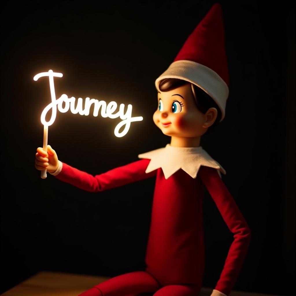 This image captures a delightful elf figure dressed in classic red and white holiday attire. The elf holds a glowing stick that beautifully spells out the word 'Journey' in luminous letters. A dark backdrop enhances the soft light, creating a magical holiday ambiance. The scene emanates warmth and festive cheer. It's an inviting visual perfect for celebrating the spirit of Christmas.