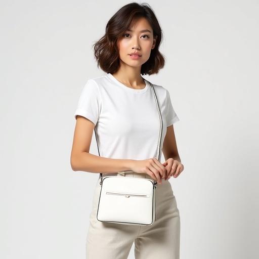 Studio shot featuring a woman wearing a white round neck t-shirt and carrying a white bag