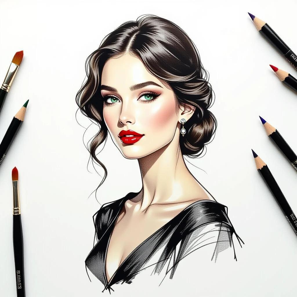 Elegant beautiful woman illustrated as a pen and ink sketch. Pristine white paper features graceful lines. Artistic precision shows facial features. Crosshatching gives depth. Minimalist composition balances negative space. Classical golden ratio composition. Museum-quality craftsmanship. Hyperdetailed linework. Feminine beauty.