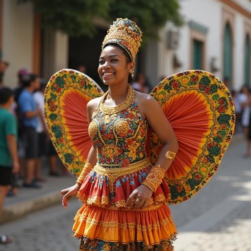 A woman in traditional attire from Salvador, Bahia, wearing a colorful dress with ruffles, distributing ribbons of Nosso Senhor de Bonfim.