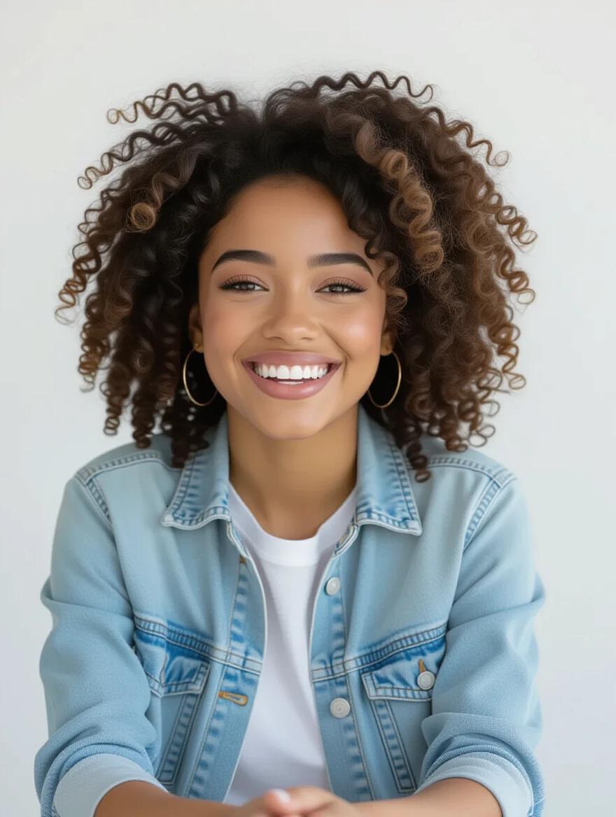 Young woman with curly hair poses for a close-up portrait. She is smiling enthusiastically while wearing a denim jacket over a white shirt. Background is a clean, light color.