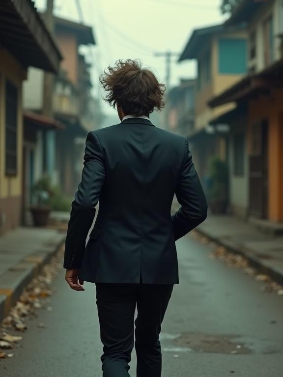 Photorealistic image in a hostile favela environment, a handsome man with thick short wavy hair dressed in a dark suit runs away from the camera at a distance.