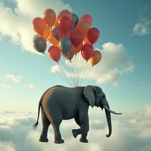 An elephant in the sky pulled by colorful balloons. The setting features clouds and a bright blue sky. The scene looks whimsical and dreamlike.
